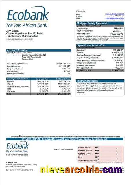 Mali Ecobank Mali mortgage statement Word and PDF template
